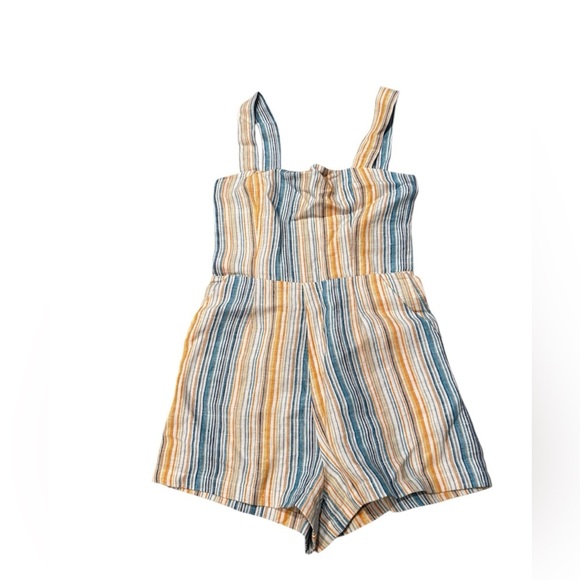 Reformation Island 100 Linen Romper In Marbella Striped Smocked Pockets Size 6 - Picture 1 of 7